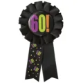 Black 60th birthday award ribbon rosette badge party favor decoration for milestone celebration. - 60th Birthday Badge(17BIB9504BK)