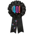 Black 40th birthday rosette ribbon badge, stylish party celebration costume accessory. - 40th Birthday Badge(17BIB9502BK)