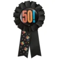 Black 50th birthday rosette badge ribbon party celebration decoration accessory item. - 50th Birthday Badge(17BIB9503BK)
