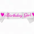 White birthday girl sash with pink heart print, party ribbon accessory for women. - One Size / 19BIT9532WT