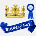 Birthday boy crown sash and rosette badge set, blue fabric party accessories for kids. - Birthday Set(BI1020Q26)