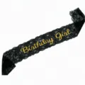 Black lace birthday girl sash for party celebration, elegant gold lettering belt accessory - One Size / 17BIT9525BKGD