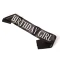 Black satin birthday girl sash with silver glitter letters, perfect for women party decorations. - One Size / 19BI9508BK