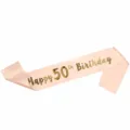 Pink satin birthday sash with gold lettering, perfect for 50th birthday party celebrations. - Age 50