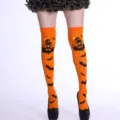 Halloween over the knee orange thigh high high socks featuring spooky bat and castle prints - One Size / Orange Halloween Style