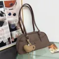 Korean style retro canvas shoulder bag for women, casual baguette bag with cute heart charm. - Dark Brown With Charm