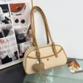 Korean fashion contrast color shoulder bag for women, casual PU leather baguette handbag. - Khaki With Pendant