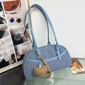 Blue denim underarm bag, trendy shoulder baguette bag with cute heart pendant for women. - Blue with Charm