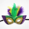 Mardi Gras Feather Sequin Mask Party Carnival Costume Eye Mask Green Purple Gold - Three-Color Feather Style B - Gold