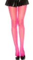 Neon pink fishnet stockings paired with a black pleather miniskirt. Vibrant party hosiery style. - One Size / Pink Mesh