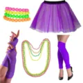 1980s retro party costume set including purple tutu skirt fishnet gloves colorful beads. - Purple Set