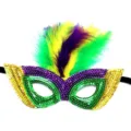 Mardi Gras sequin masquerade mask with colorful feathers, perfect for party, festival and carnival. - Three-Color Feather Style B - Green
