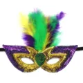 Mardi Gras sequin masquerade mask with colorful feathers for party festival costume events - Three-Color Feather Style C - Gold