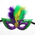 Mardi Gras Sequin Mask with Colorful Feathers for Masquerade Party Carnival Celebration Variant - Three-Color Feather Style C - Purple