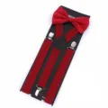 Red adult suspenders and bow tie set with three clips, elegant matching accessories for men. - Burgundy