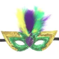 Mardi Gras feathered sequin mask for party, carnival ball eye mask with vibrant colors. - Three-Color Feather Style C - Green