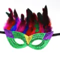Mardi Gras sequin masquerade mask with colorful feathers for party carnival celebrations - Colorful Feather Style A - Green