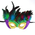 Mardi Gras sequin feathered masquerade mask, vibrant party carnival eye mask for festival events. - Colorful Feather Style B - Gold