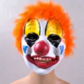 Orange clown mask with bright fuzzy hair and scary facial design for party cosplay. - CL0728E23
