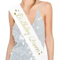 White birthday queen sash for women party celebration, elegant gold foil lettering design. - White (BI727A19WT)