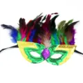 Mardi Gras party mask with colorful feathers and glittering sequins, perfect for masquerade events. - Colorful Feather Style C - Green