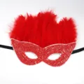 Red sequin masquerade mask with fluffy feathers, ideal for carnival, party and festival events. - Colorful Feather Style E - Red