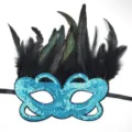 Blue sequin masquerade mask with black feathers for carnival party and festive dress up. - Sequin Feather - Blue