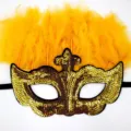 Gold sequin Mardi Gras mask with vibrant yellow feathers for party and carnival events. - Sequin Feather - Yellow Arrow