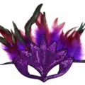 Purple sequin Mardi Gras mask with colorful feathers for party carnival celebrations and masquerades. - Sequin Feather - Purple Flame