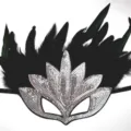 Glittery sequin masquerade mask with black feathers, ideal for parties and shows. - Sequin Feather - Silver Flame