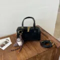 Black boston bag patent suede patchwork handbag commuter shoulder crossbody bag with charm - With Pendant Style / Black With Pendant
