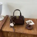 Dark brown contrast suede Boston handbag, vintage top handle shoulder bag for women. - With Pendant Style / Coffee With Pendant