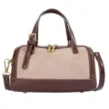 Brown beige colorblock boston bag, suede patent leather chic women top handle crossbody. - Without Pendant / Khaki Without Pendant
