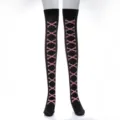 Black over-the-knee thigh-high socks featuring cute pink bone print for Halloween cosplay costume. - One Size / Pink Wishbone