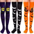 Halloween over-the-knee socks cosplay costume thigh highs with bat and moon prints for party. - One Size / Three Pairs Set 1