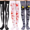 Halloween Costume Over Knee Socks Skeleton Blood Bat Print Party Long Thigh High Socks - One Size / Three Pairs Set 2