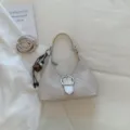 French style woven hobo bag for women, elegant crescent shoulder bag with metal buckle decor. - With Charm / White