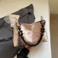 New Chinese style floral shoulder underarm bag with unique wooden bead handle and tassel. - Pink