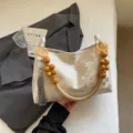 New Chinese style brocade shoulder bag for women, vintage wooden bead handbag commute tote. - Off White