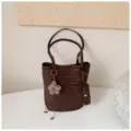 Dark Brown Woven Tote Bag Leather Bucket Handbag with Small Pouch and Flower Pendant - With Charm / Brown