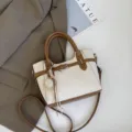 Women retro colorblock canvas shoulder bag, casual chic tote handbag with chic straw hat charm. - Off White