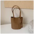 Brown woven leather shoulder tote bag, stylish bucket bag with double handles and pouch. - No Pendant / Khaki