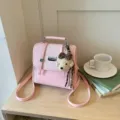 Pink college style mini backpack for women, cute plush dog charm, stylish daily school bag. - With Charm / Pink