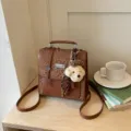 Chic vintage college style women backpack brown leopard print PU leather school bag - With Charm / Brown