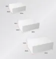 Detailed view of white folding gift boxes in three sizes with dimension guides for packaging. - Small 20x18x8cm / White