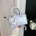 Light blue polka dot pillow handbag with lace pendant, stylish retro shoulder crossbody bag. - Blue with Pendant