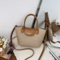 Canvas crossbody bag, brown leather trim, casual handheld tote bag, stylish small square bag. - No Pendant / Khaki