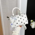 White polka dot handbag, stylish shoulder pillow bag with lace charm, elegant and compact daily use. - Cream White with Pendant