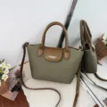 Stylish canvas leather handbag, green patchwork crossbody bag with top handle for daily use. - No Pendant / Green