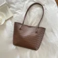 Bolso tote de cuero trenzado marrón chic, bolso de hombro casual de gran capacidad - Marrón